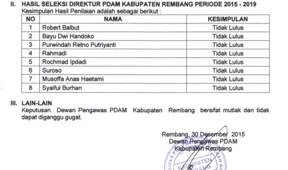 Cetak layar pengumuman hasil seleksi calon direktur PDAM Rembang yang dipublikasikan di laman resmi Pemkab Rembang, Rabu (30/12/2015) sore. (Foto: Pujianto)